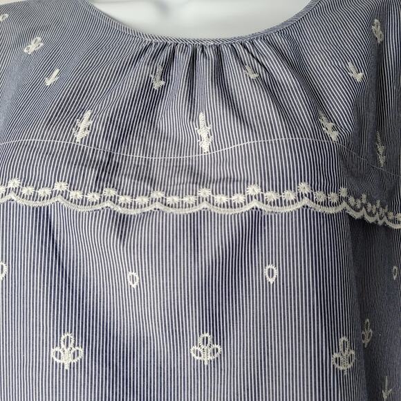 J.Crew Blue Striped Embroidered Boho Top Size XL Cotton Blend Bell Sleeve - Picture 9 of 11